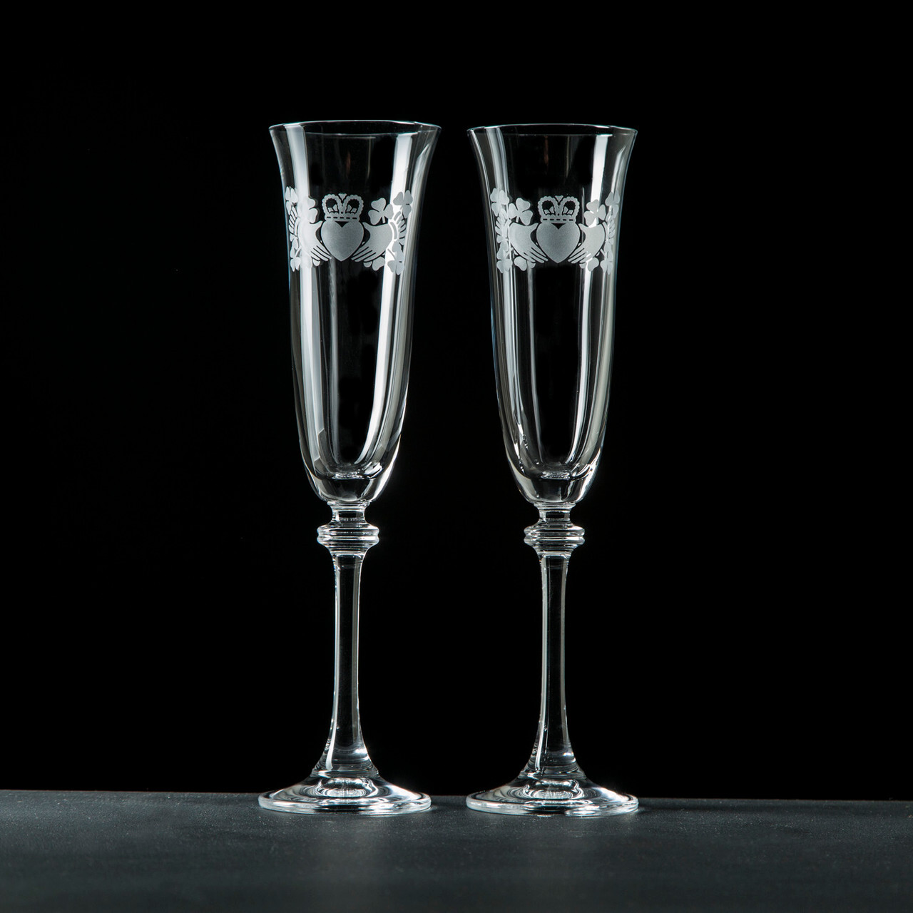 Personalised Galway Crystal Claddagh Liberty Champagne Flutes Pair with etched Claddagh design symbolizing love, loyalty, and friendship &ndash; elegant clear crystal glasses with long stems.