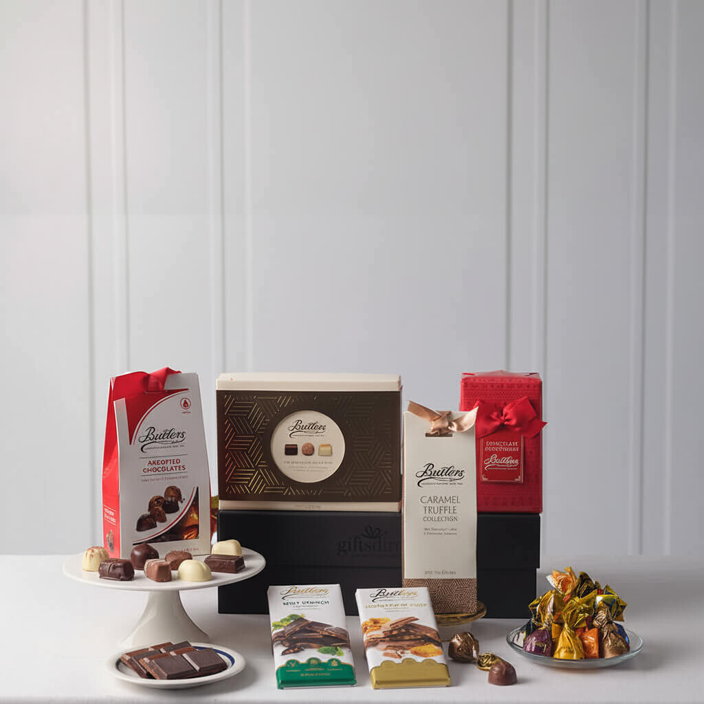 The Butlers Gift Box featuring assorted luxury chocolates, caramel truffle collection, chocolate bars, and festive treats elegantly arranged – available at GiftsDirect.com