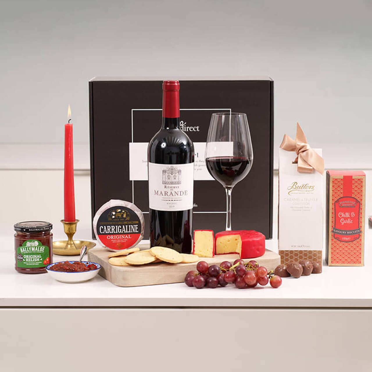 Cheese & Wine Irish Gift Box featuring artisan Irish cheeses paired with fine wines, available at GiftsDirect